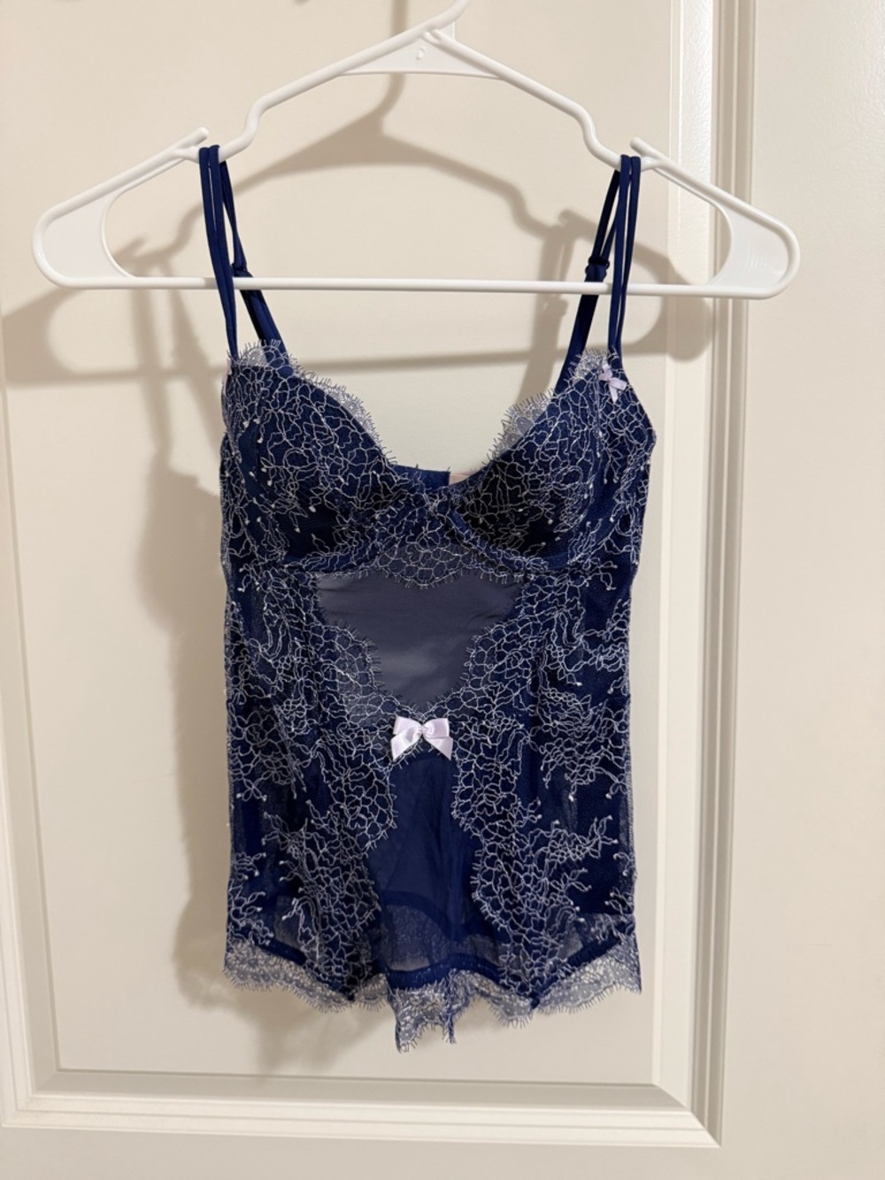 Victoria's Secret Navy & White Lace Chemise with Bow Accent